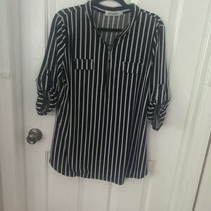 Zara Black and White 3/4 Sleeve Blouse with Mandarin Collar